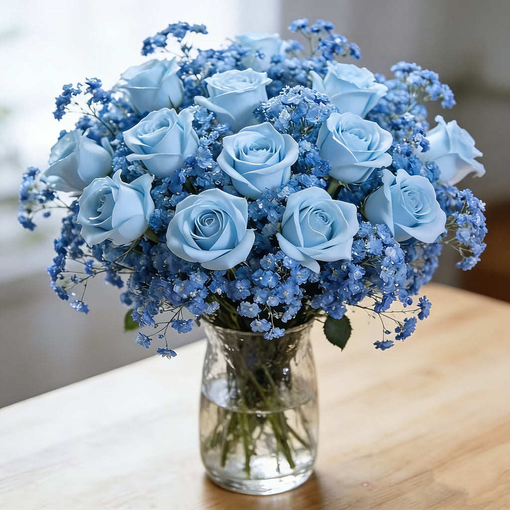 26 Realistic Blue Roses And Blue Gypsy Combination Simulation Bouquet - Durable Plastic Flowers, Suitable for Weddings, Valentine'S Day, Graduation Ceremonies, As Centerpieces, Table Decorations And Arrangements, Suitable for All Seasons