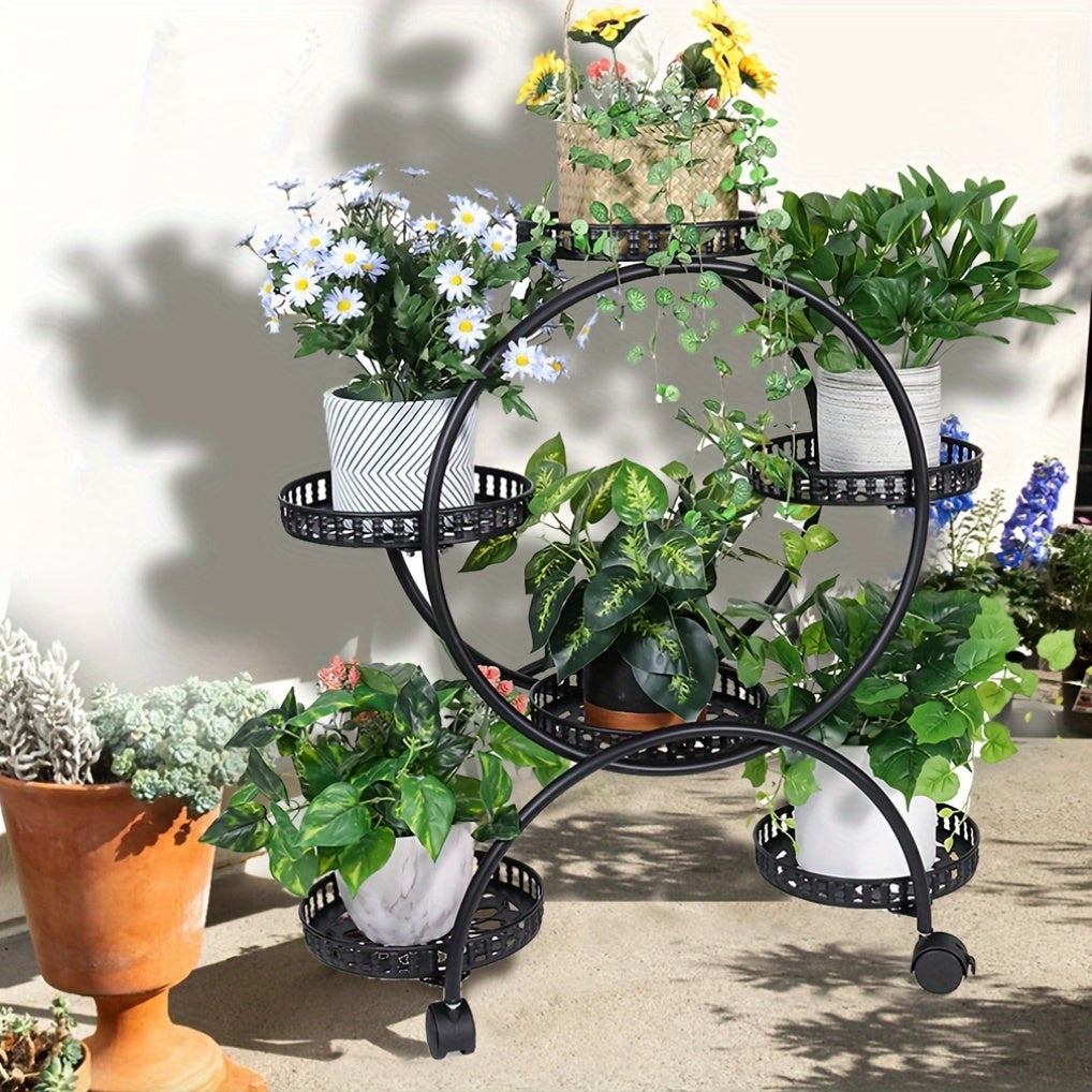 Six-Tiered Black Metal Plant Stand Garden Cart with Wheels for Displaying Flower Pots, Ideal for Home, Patio, Porch, And Balcony Decoration