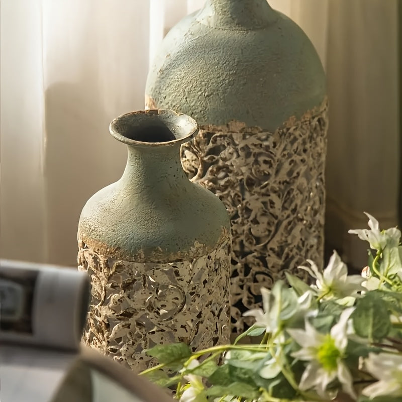 Vintage Metal Floor Vase, Tall Rustic Farmhouse Decorative Vase With Floral Cutout For Living Room Or Entryway