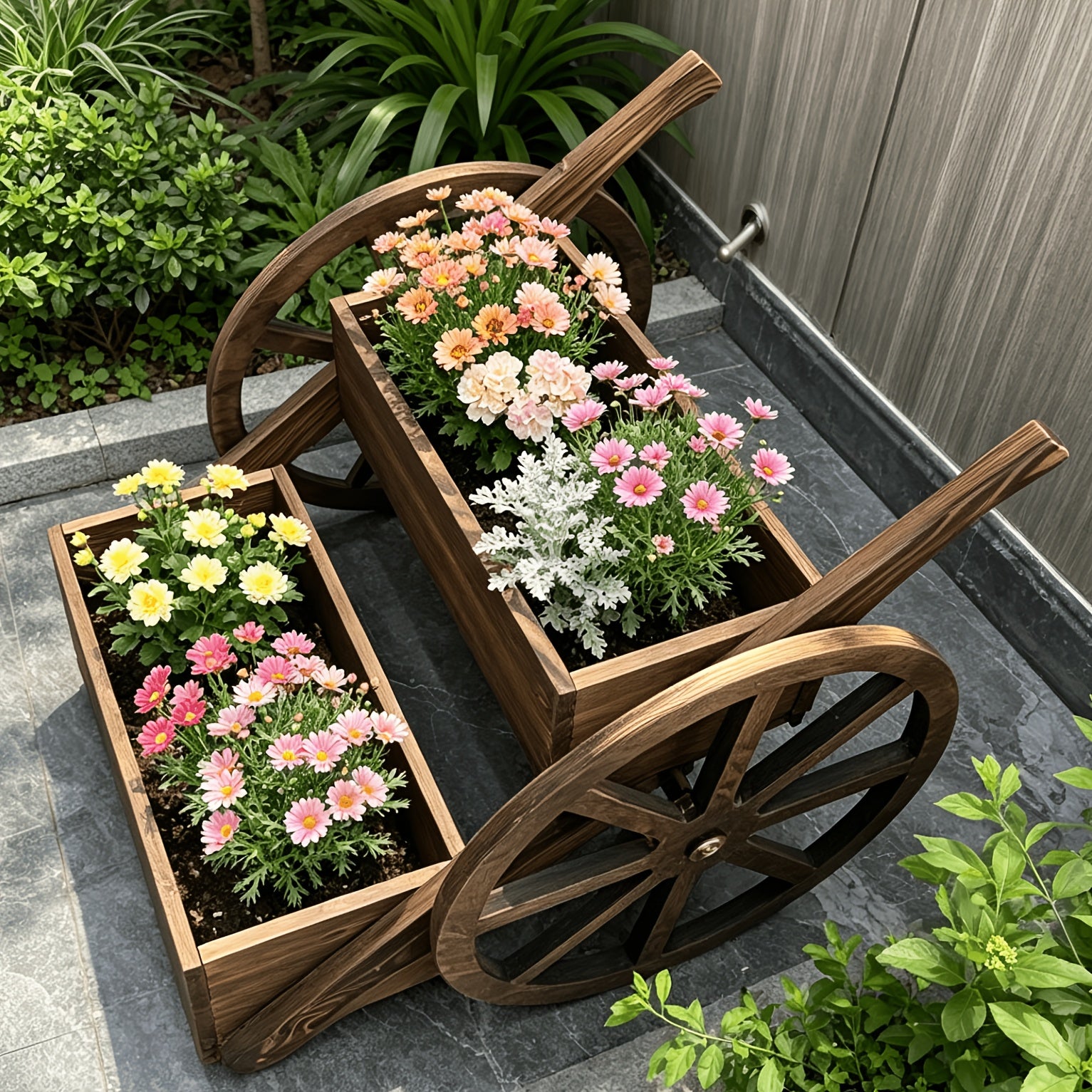 Solid Wood Flower Stand, Wood Plant Stand Flower HolderTricycle Flower StandIndoor Outdoor Flower Pot Shelf for Patio Garden Balcony (Integrally Formed Wooden Wheel)