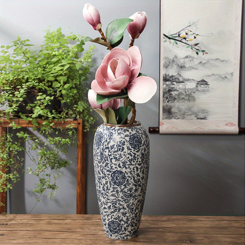 Home decoration vase, Jingdezhen ceramic flower container, modern Chinese-style ceramic vase, retro blue and white entwined lotus vase