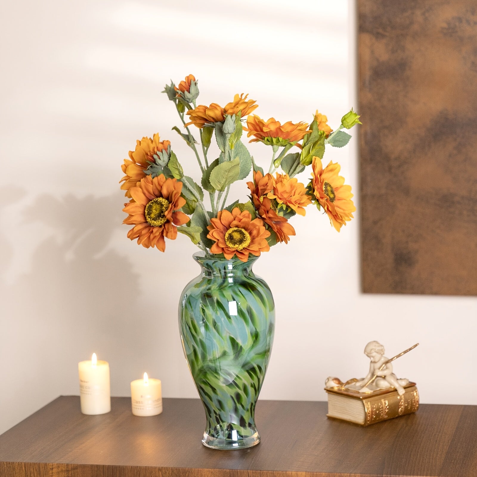 1pc Green Glass Vase - Handmade Blown Glass Art Home Decoration. Beautiful Spring Flower Arrangement Container, Wide Mouth Vase Is Suitable for Central Table Decoration, Living Room Or Wedding Decoration, And Is A Unique Gift for Mothers And Sisters