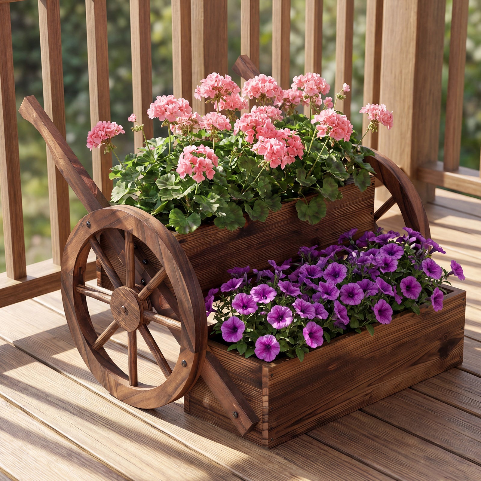 COSTWAY Wooden Wagon Planter Box, 2-Tier Raised Garden Bed with Wheels & Drainage Hole, Decorative Garden Planter for Flowers Herbs Vegetables, Indoor & Outdoor Flower Cart for Patio, Garden, Balcony