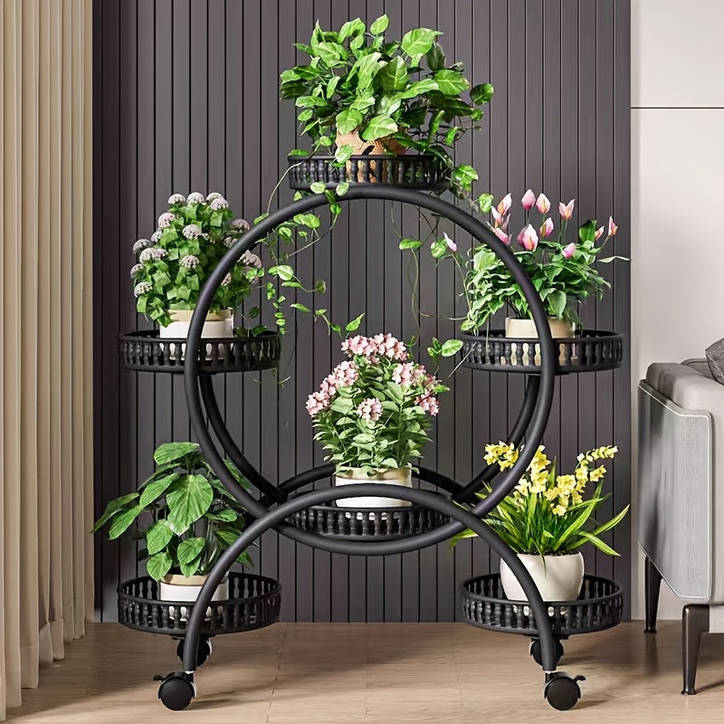 Six-Tiered Black Metal Plant Stand Garden Cart with Wheels for Displaying Flower Pots, Ideal for Home, Patio, Porch, And Balcony Decoration