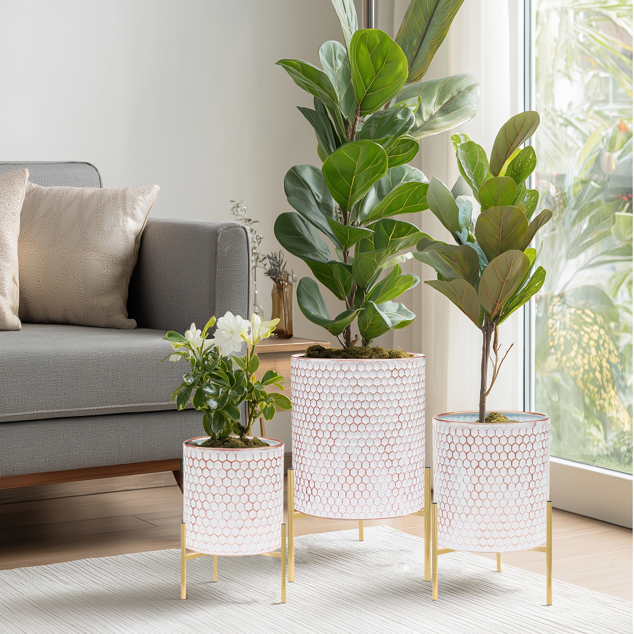 Metal Planter Stand Set Of 3, Indoor Outdoor Plant Stand with Flower Pots, Rust-Resistant Elevated Plant Display for Balcony Patio & Living Room