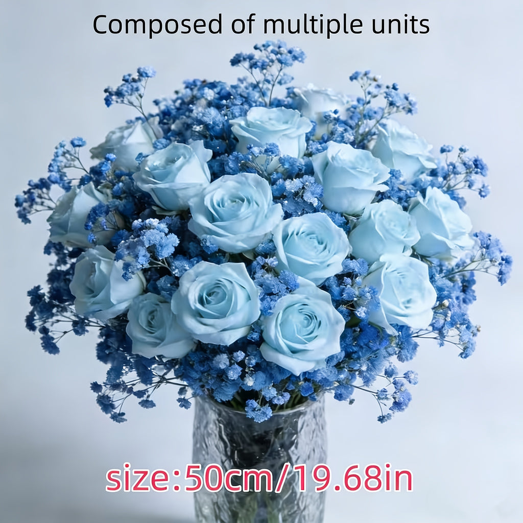 26 Realistic Blue Roses And Blue Gypsy Combination Simulation Bouquet - Durable Plastic Flowers, Suitable for Weddings, Valentine'S Day, Graduation Ceremonies, As Centerpieces, Table Decorations And Arrangements, Suitable for All Seasons