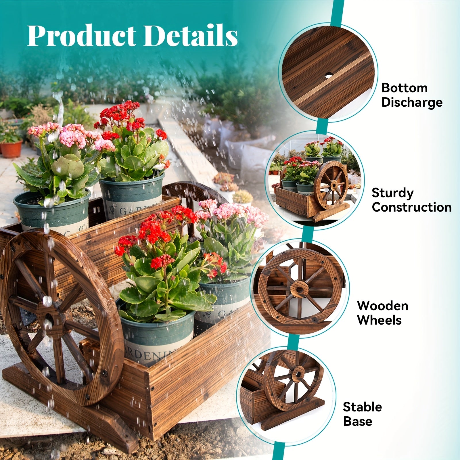 HARAISEDK Wooden Wagon Planter Box, Garden Planter With Wheels, Decorative Planter For Flowers Herbs Vegetables For Indoor & Outdoor Decor, Wooden Flower Cart For Patio Garden Balcony
