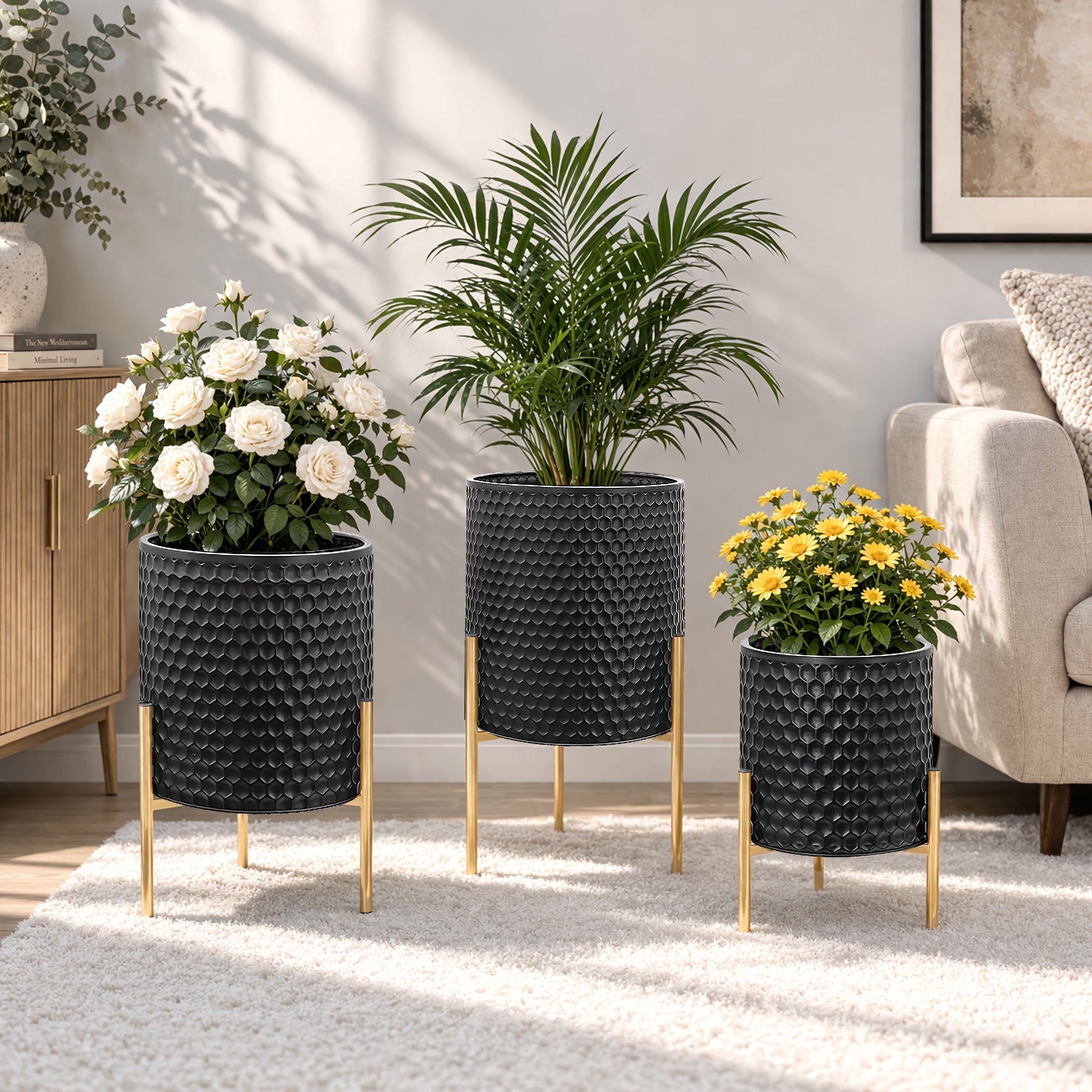 Metal Planter Stand Set Of 3, Indoor Outdoor Plant Stand with Flower Pots, Rust-Resistant Elevated Plant Display for Balcony Patio & Living Room