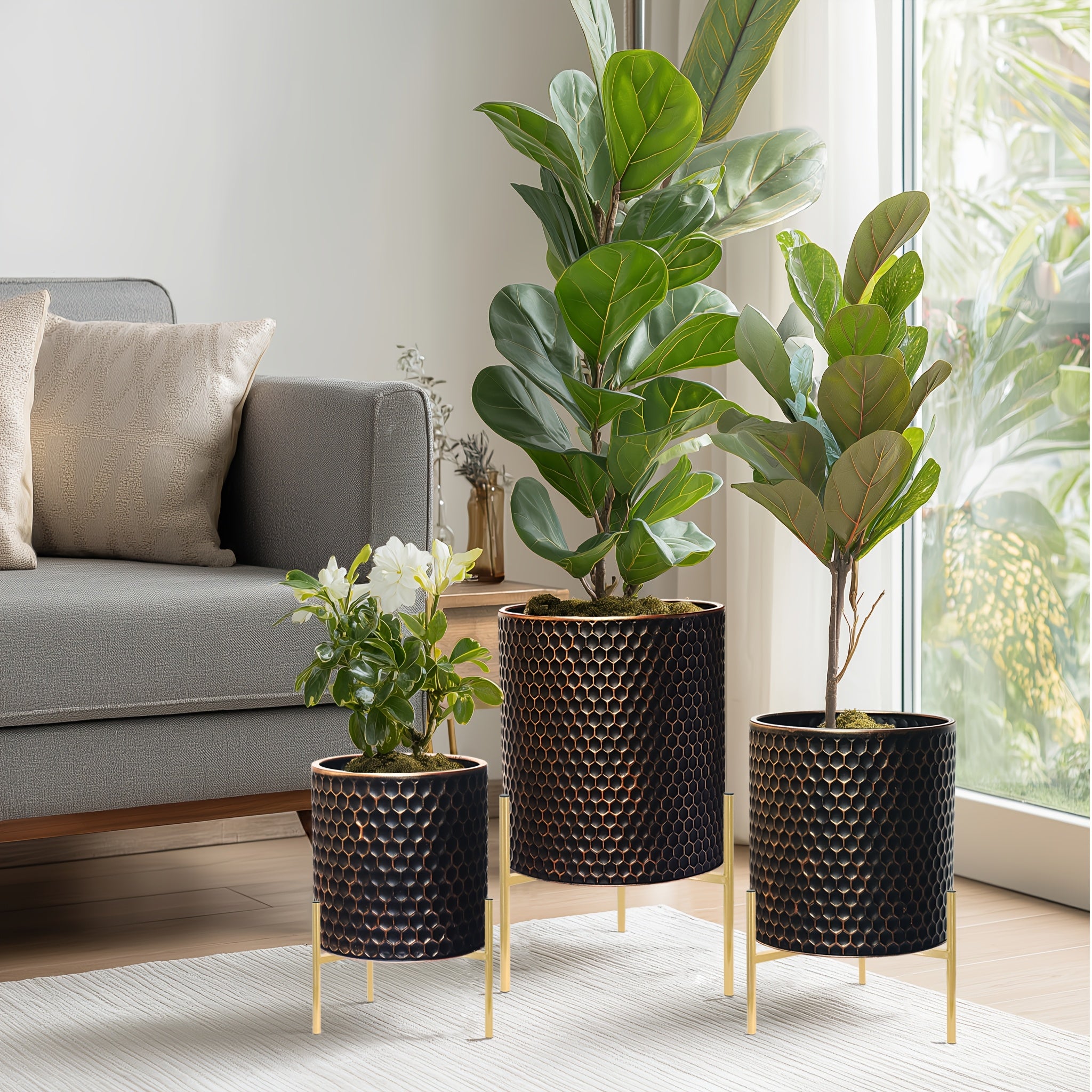 Metal Planter Stand Set Of 3, Indoor Outdoor Plant Stand with Flower Pots, Rust-Resistant Elevated Plant Display for Balcony Patio & Living Room