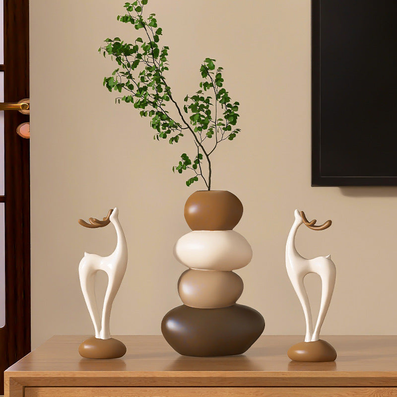 Stone Fortune Vase with Deer Figurine- Desktop Decorative Ornament Living Room, Dining Room, TV Cabinet- Housewarming Friends