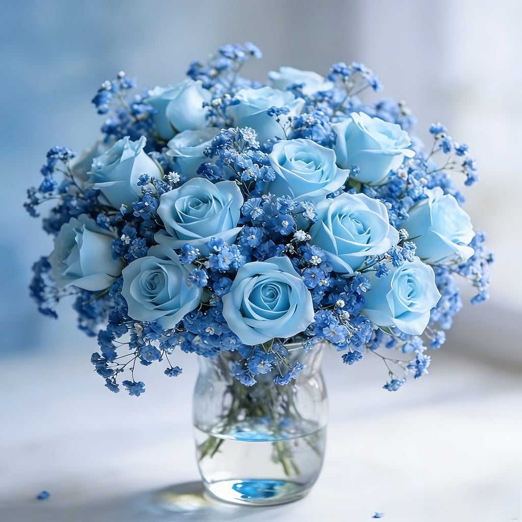 26 Realistic Blue Roses And Blue Gypsy Combination Simulation Bouquet - Durable Plastic Flowers, Suitable for Weddings, Valentine'S Day, Graduation Ceremonies, As Centerpieces, Table Decorations And Arrangements, Suitable for All Seasons