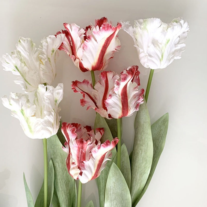 9pcs Real Touch Artificial Fringed Parrot Tulip Flowers Multiple Colors Faux Tulip Stems with Leaves for Wedding Bridal Bouquet Home Office Vase Arrangement Mother'S Day Valentine'S Day Birthday Anniversary Gift