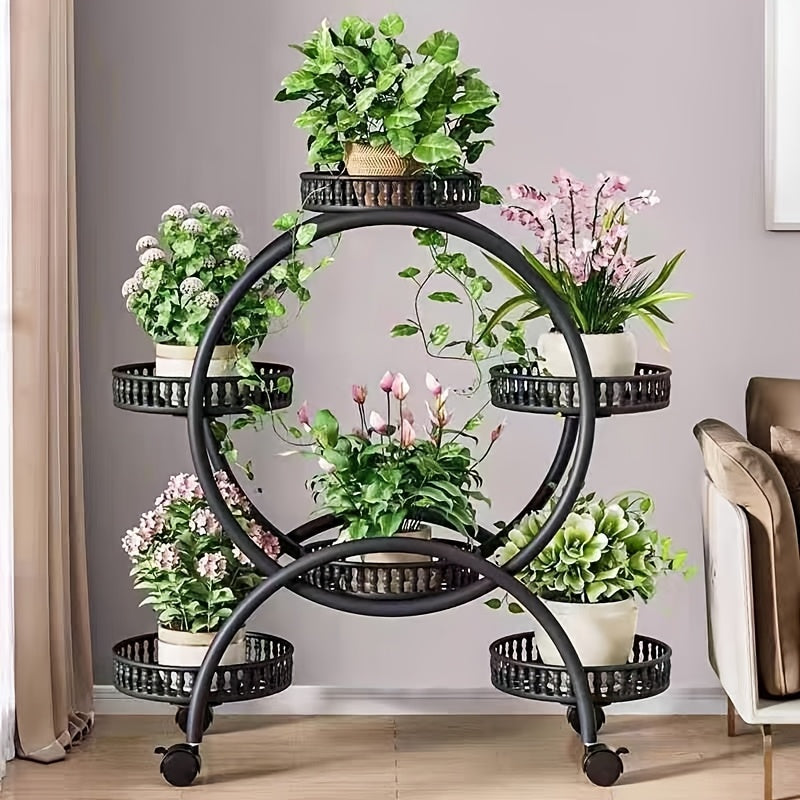 Six-Tiered Black Metal Plant Stand Garden Cart with Wheels for Displaying Flower Pots, Ideal for Home, Patio, Porch, And Balcony Decoration