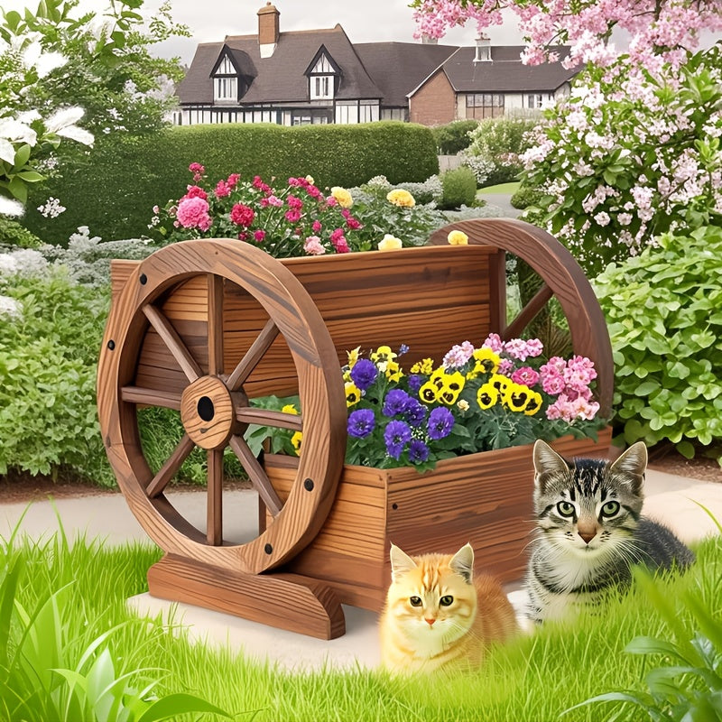 HARAISEDK Wooden Wagon Planter Box, Garden Planter With Wheels, Decorative Planter For Flowers Herbs Vegetables For Indoor & Outdoor Decor, Wooden Flower Cart For Patio Garden Balcony