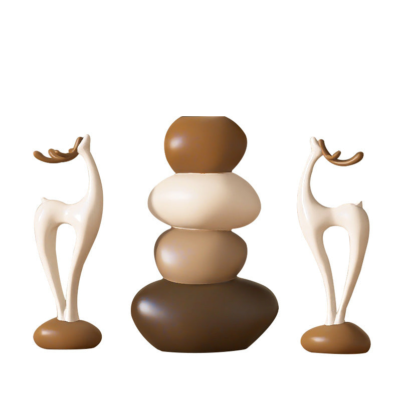 Stone Fortune Vase with Deer Figurine- Desktop Decorative Ornament Living Room, Dining Room, TV Cabinet- Housewarming Friends