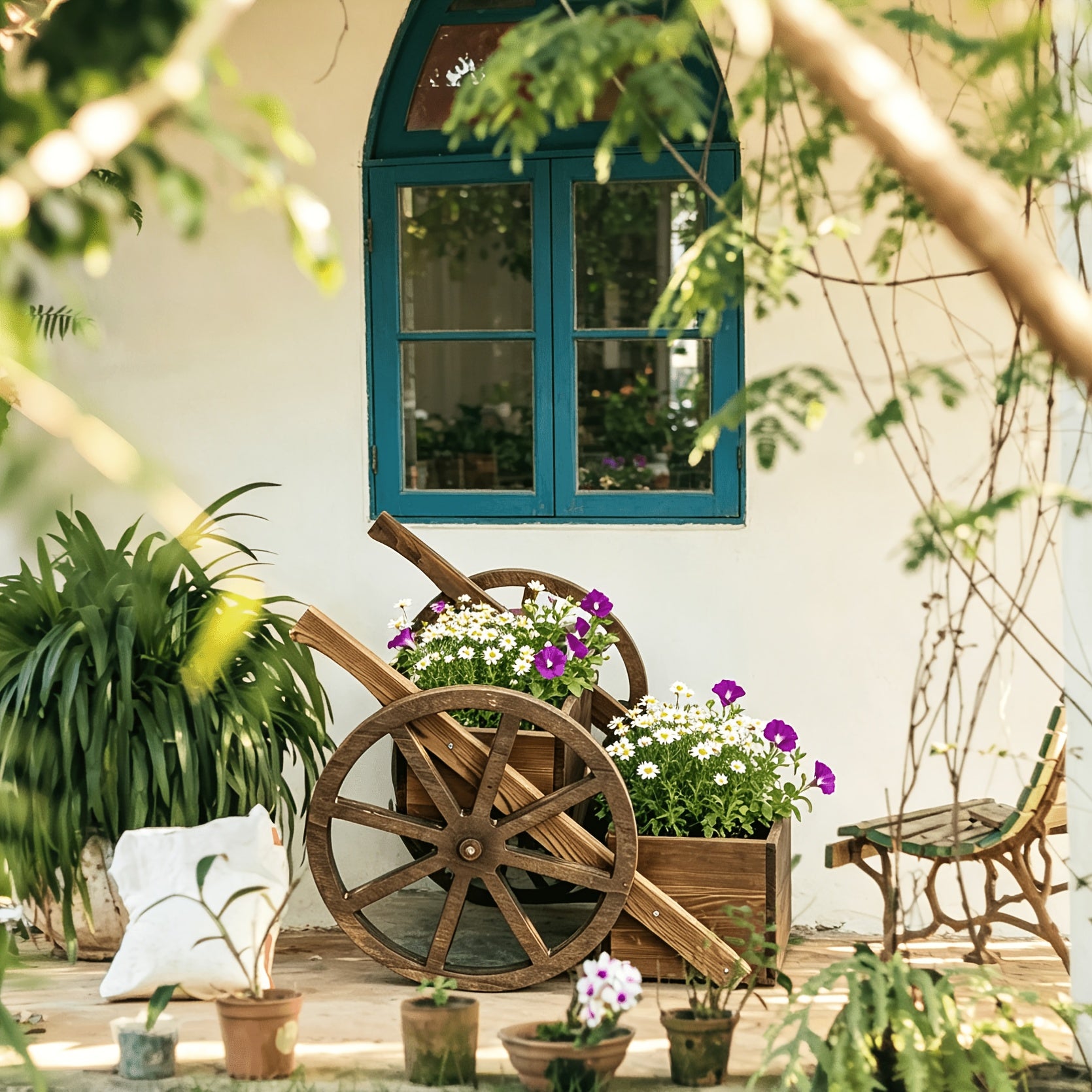 Solid Wood Flower Stand, Wood Plant Stand Flower HolderTricycle Flower StandIndoor Outdoor Flower Pot Shelf for Patio Garden Balcony (Integrally Formed Wooden Wheel)