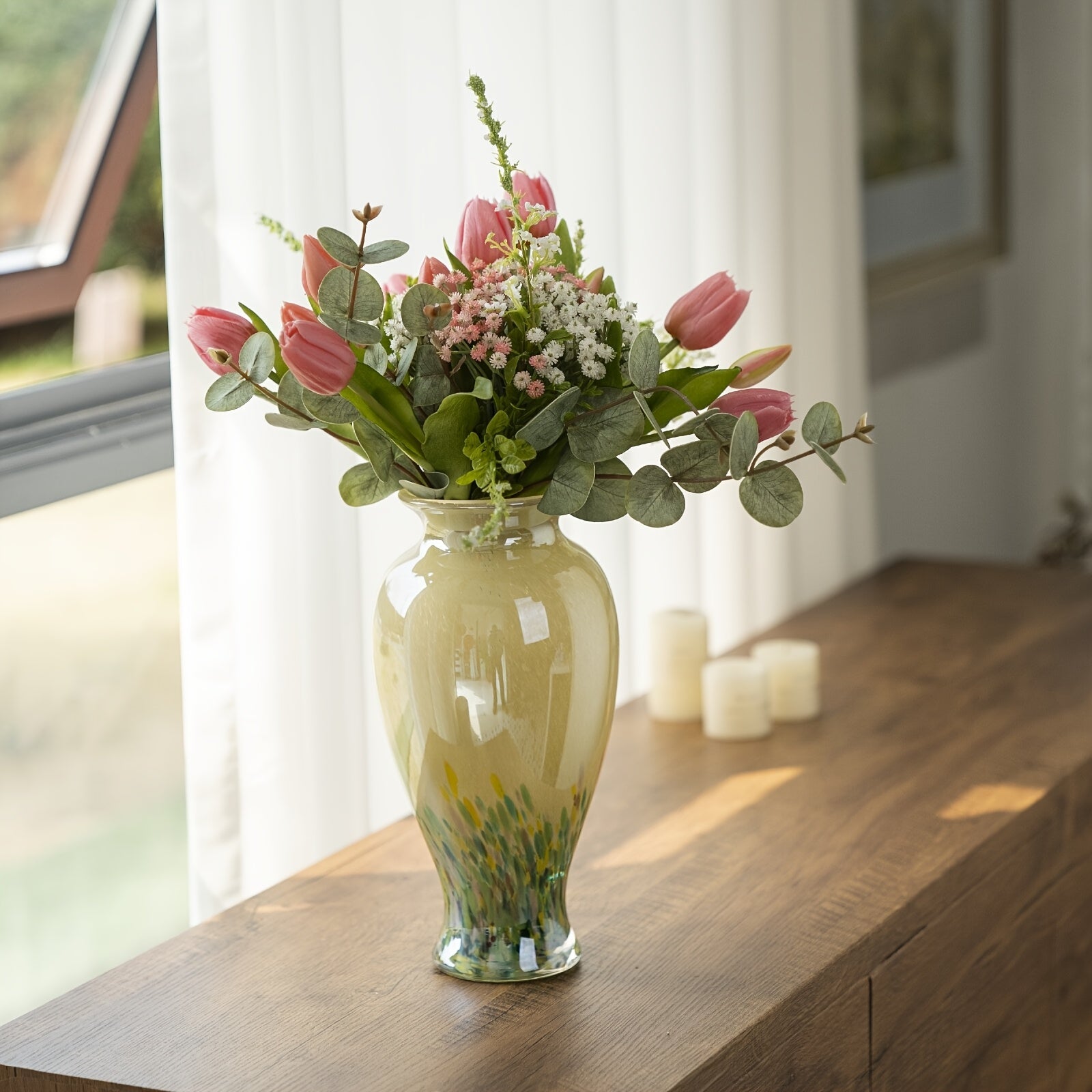 1pc Green Glass Vase - Handmade Blown Glass Art Home Decoration. Beautiful Spring Flower Arrangement Container, Wide Mouth Vase Is Suitable for Central Table Decoration, Living Room Or Wedding Decoration, And Is A Unique Gift for Mothers And Sisters