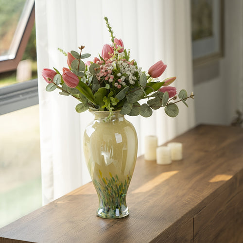 1pc Green Glass Vase - Handmade Blown Glass Art Home Decoration. Beautiful Spring Flower Arrangement Container, Wide Mouth Vase Is Suitable for Central Table Decoration, Living Room Or Wedding Decoration, And Is A Unique Gift for Mothers And Sisters