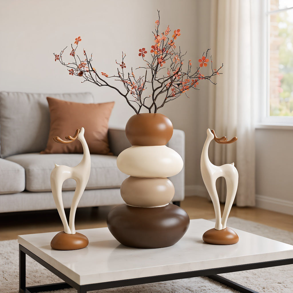 Stone Fortune Vase with Deer Figurine- Desktop Decorative Ornament Living Room, Dining Room, TV Cabinet- Housewarming Friends