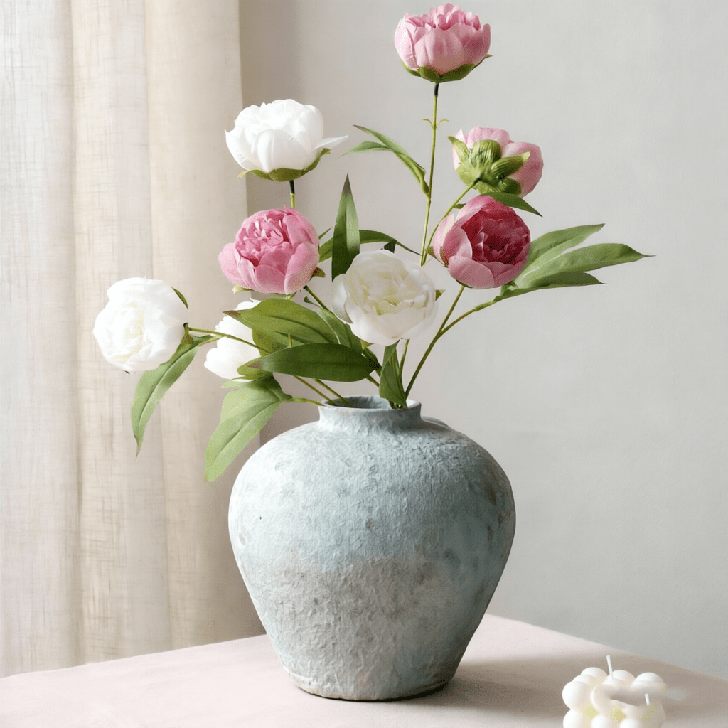 Large White Ceramic Vase Suitable for Home Decor - 6.3 Inch Rustic Farmhouse Tall Round Pottery Vase with Sandstone Texture, Vintage Indoor Table Centerpiece for Living Room, Wedding, Decorations, Ceramic Flower Pot