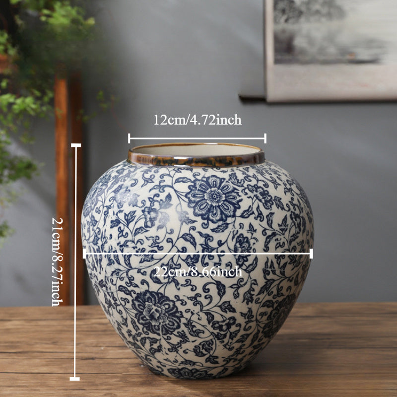 Home decoration vase, Jingdezhen ceramic flower container, modern Chinese-style ceramic vase, retro blue and white entwined lotus vase