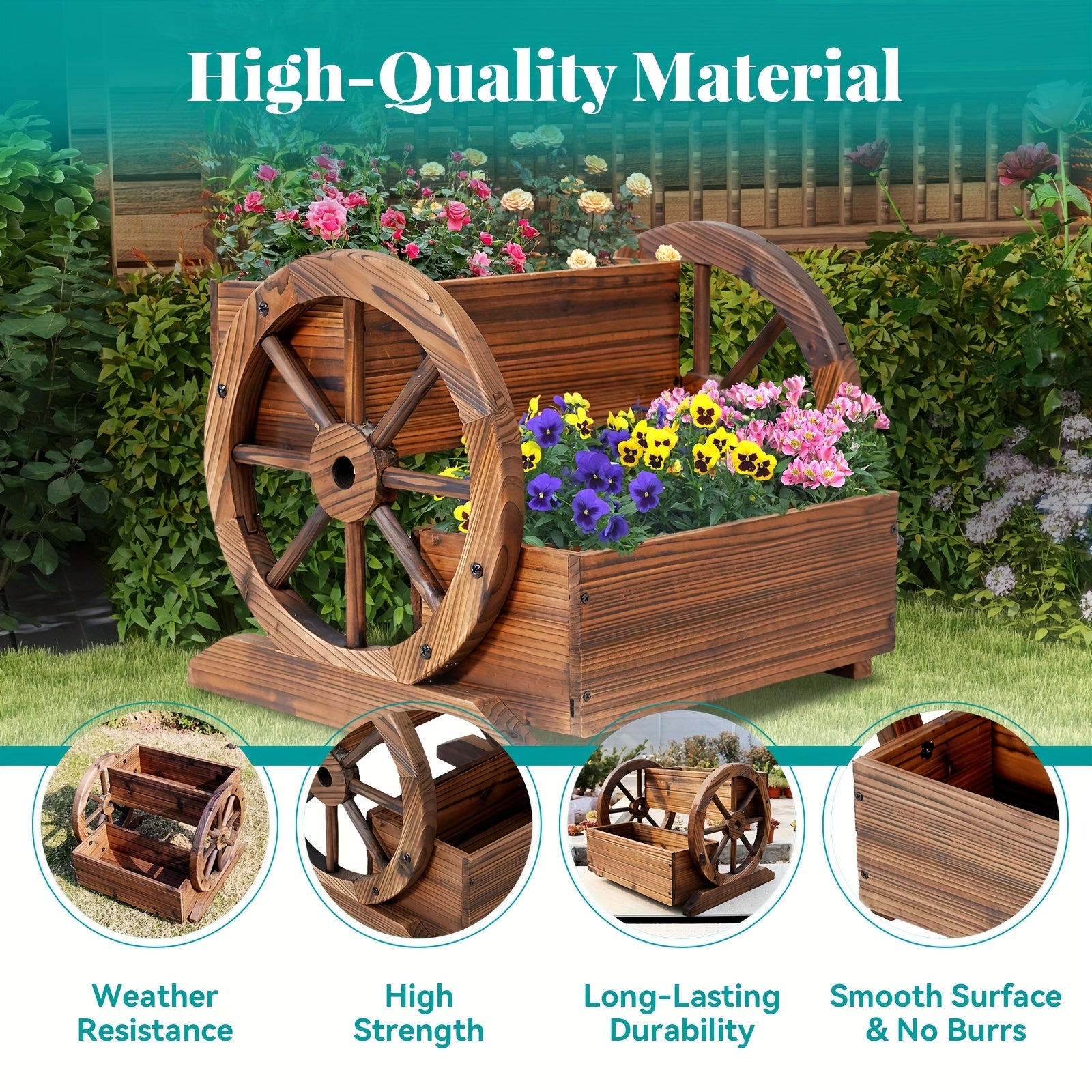 HARAISEDK Wooden Wagon Planter Box, Garden Planter With Wheels, Decorative Planter For Flowers Herbs Vegetables For Indoor & Outdoor Decor, Wooden Flower Cart For Patio Garden Balcony