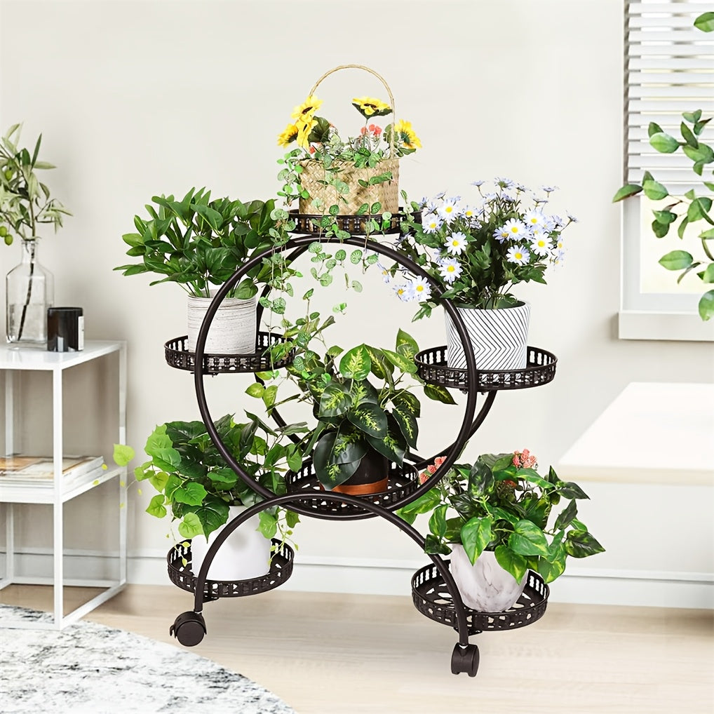 Six-Tiered Black Metal Plant Stand Garden Cart with Wheels for Displaying Flower Pots, Ideal for Home, Patio, Porch, And Balcony Decoration