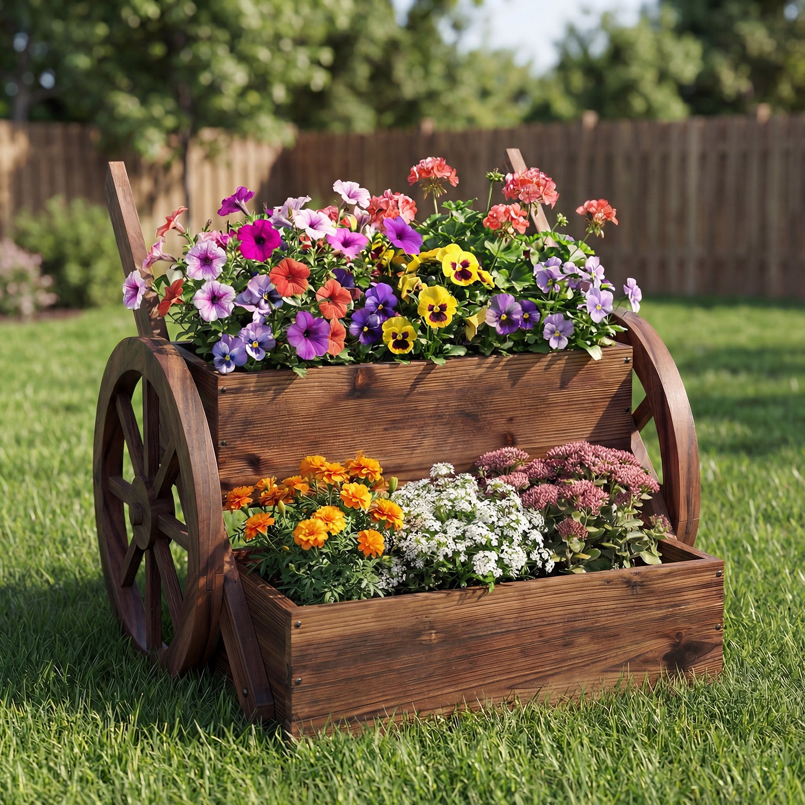 COSTWAY Wooden Wagon Planter Box, 2-Tier Raised Garden Bed with Wheels & Drainage Hole, Decorative Garden Planter for Flowers Herbs Vegetables, Indoor & Outdoor Flower Cart for Patio, Garden, Balcony