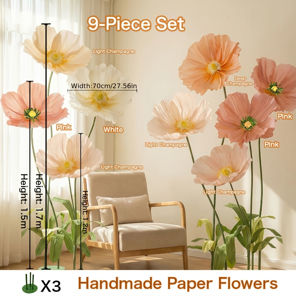 9pcs Set\u002F11pcs Set Colorful Giant Papaver Rhoeas Artificial Flowers for Store Window Displays, Wedding and Holiday Decorations, Influencer Photo Booth Decor Flowers