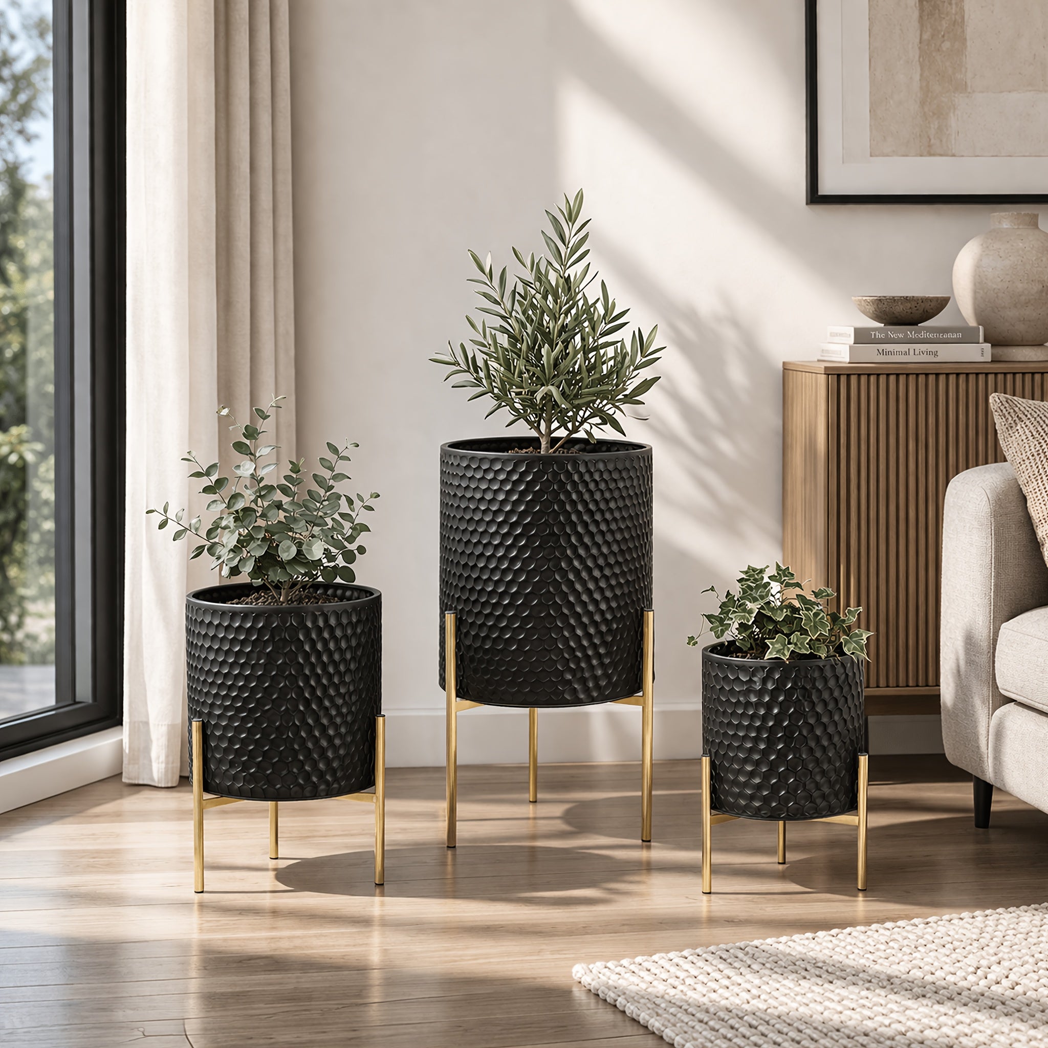 Metal Planter Stand Set Of 3, Indoor Outdoor Plant Stand with Flower Pots, Rust-Resistant Elevated Plant Display for Balcony Patio & Living Room