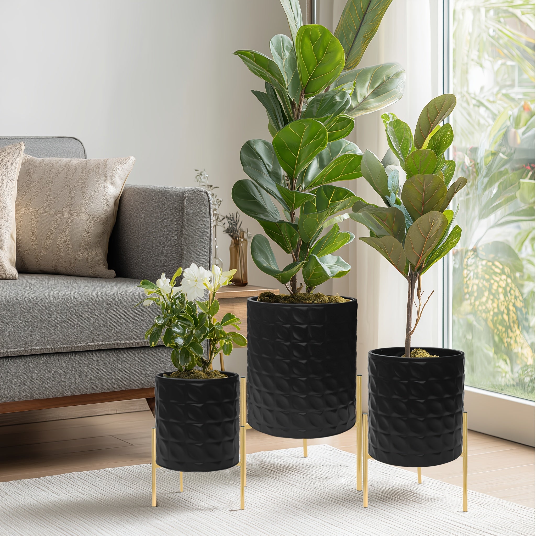 Metal Planter Stand Set Of 3, Indoor Outdoor Plant Stand with Flower Pots, Rust-Resistant Elevated Plant Display for Balcony Patio & Living Room