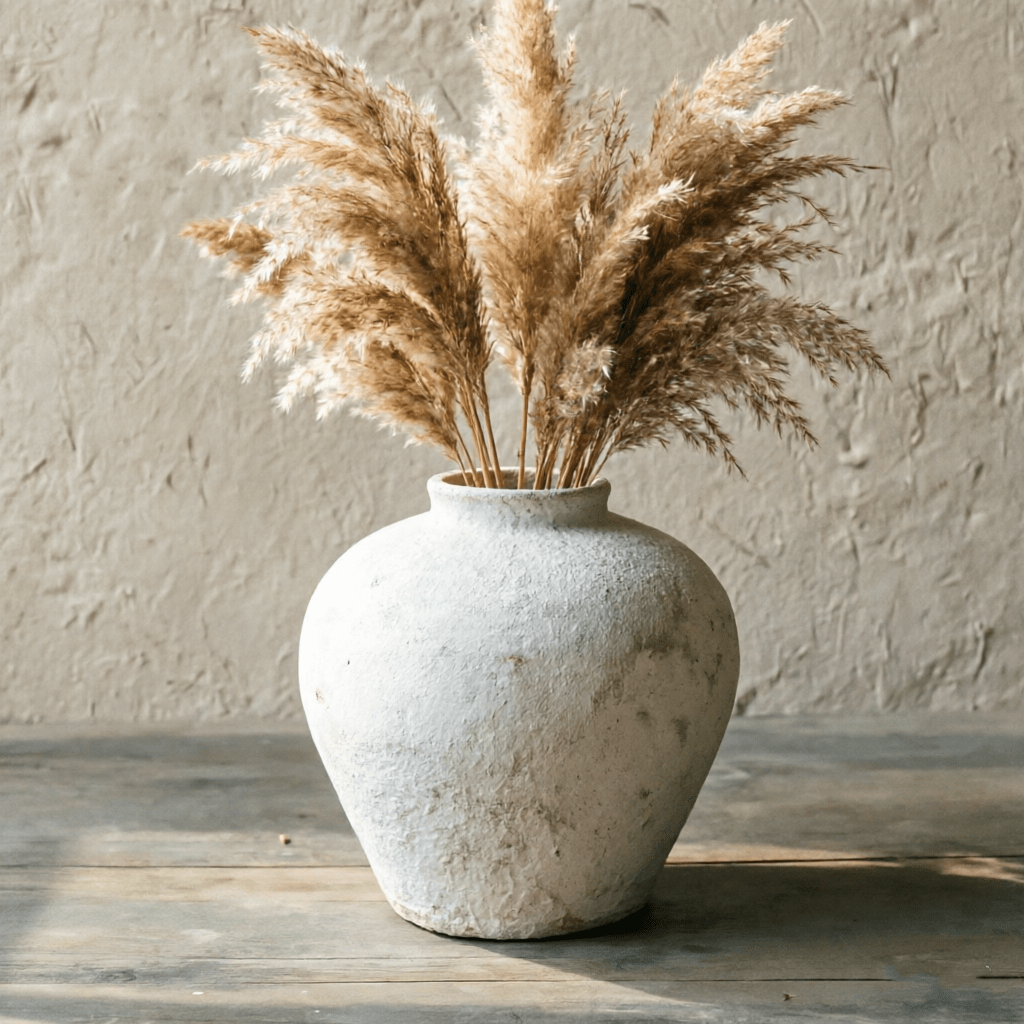Large White Ceramic Vase Suitable for Home Decor - 6.3 Inch Rustic Farmhouse Tall Round Pottery Vase with Sandstone Texture, Vintage Indoor Table Centerpiece for Living Room, Wedding, Decorations, Ceramic Flower Pot