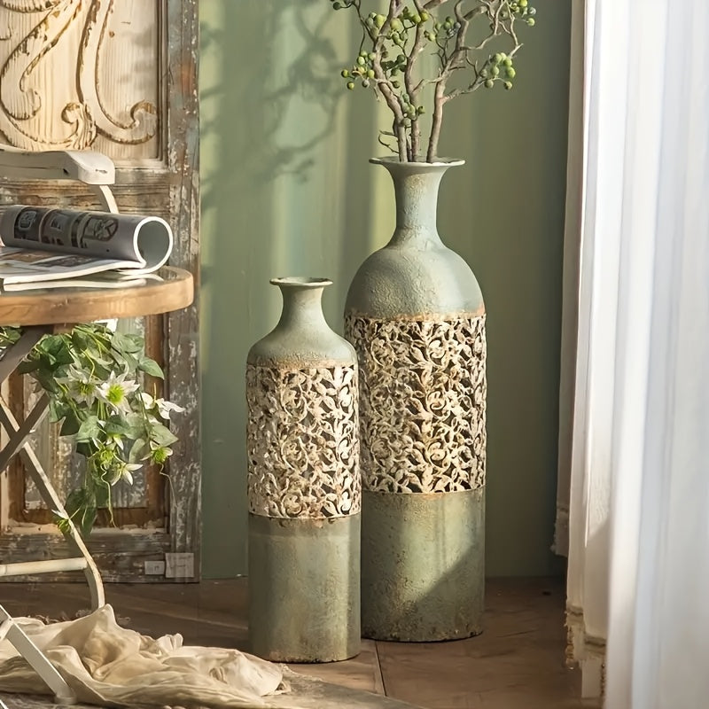 Vintage Metal Floor Vase, Tall Rustic Farmhouse Decorative Vase With Floral Cutout For Living Room Or Entryway
