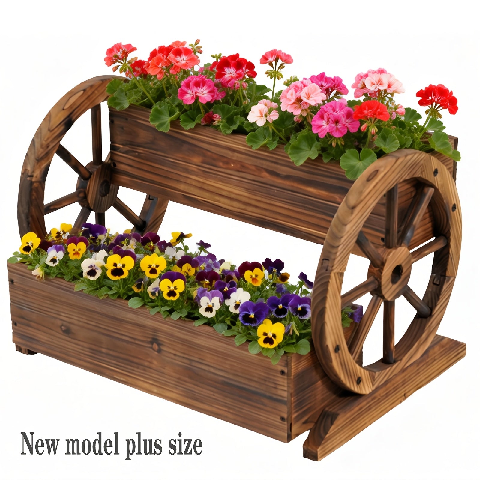 HARAISEDK Wooden Wagon Planter Box, Garden Planter With Wheels, Decorative Planter For Flowers Herbs Vegetables For Indoor & Outdoor Decor, Wooden Flower Cart For Patio Garden Balcony
