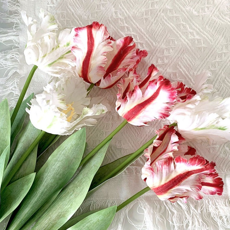 9pcs Real Touch Artificial Fringed Parrot Tulip Flowers Multiple Colors Faux Tulip Stems with Leaves for Wedding Bridal Bouquet Home Office Vase Arrangement Mother'S Day Valentine'S Day Birthday Anniversary Gift