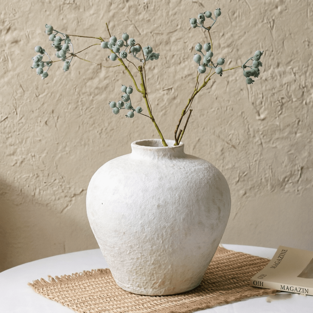 Large White Ceramic Vase Suitable for Home Decor - 6.3 Inch Rustic Farmhouse Tall Round Pottery Vase with Sandstone Texture, Vintage Indoor Table Centerpiece for Living Room, Wedding, Decorations, Ceramic Flower Pot
