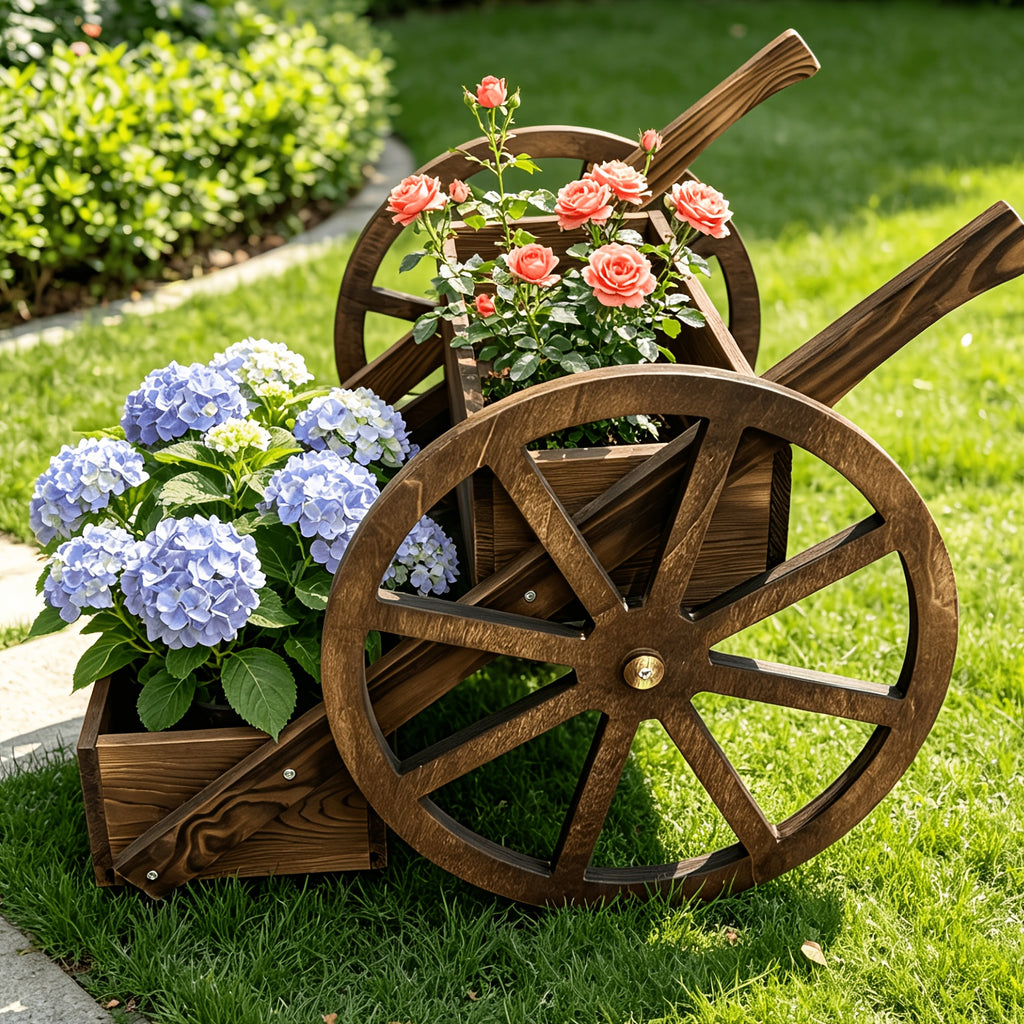 Solid Wood Flower Stand, Wood Plant Stand Flower HolderTricycle Flower StandIndoor Outdoor Flower Pot Shelf for Patio Garden Balcony (Integrally Formed Wooden Wheel)