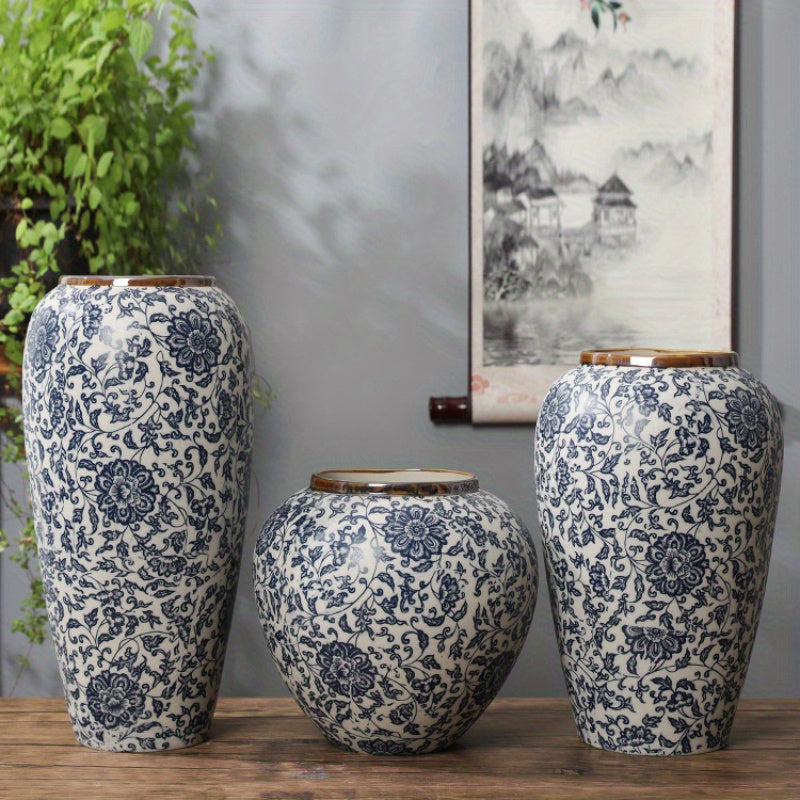 Home decoration vase, Jingdezhen ceramic flower container, modern Chinese-style ceramic vase, retro blue and white entwined lotus vase