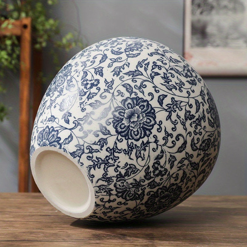 Home decoration vase, Jingdezhen ceramic flower container, modern Chinese-style ceramic vase, retro blue and white entwined lotus vase