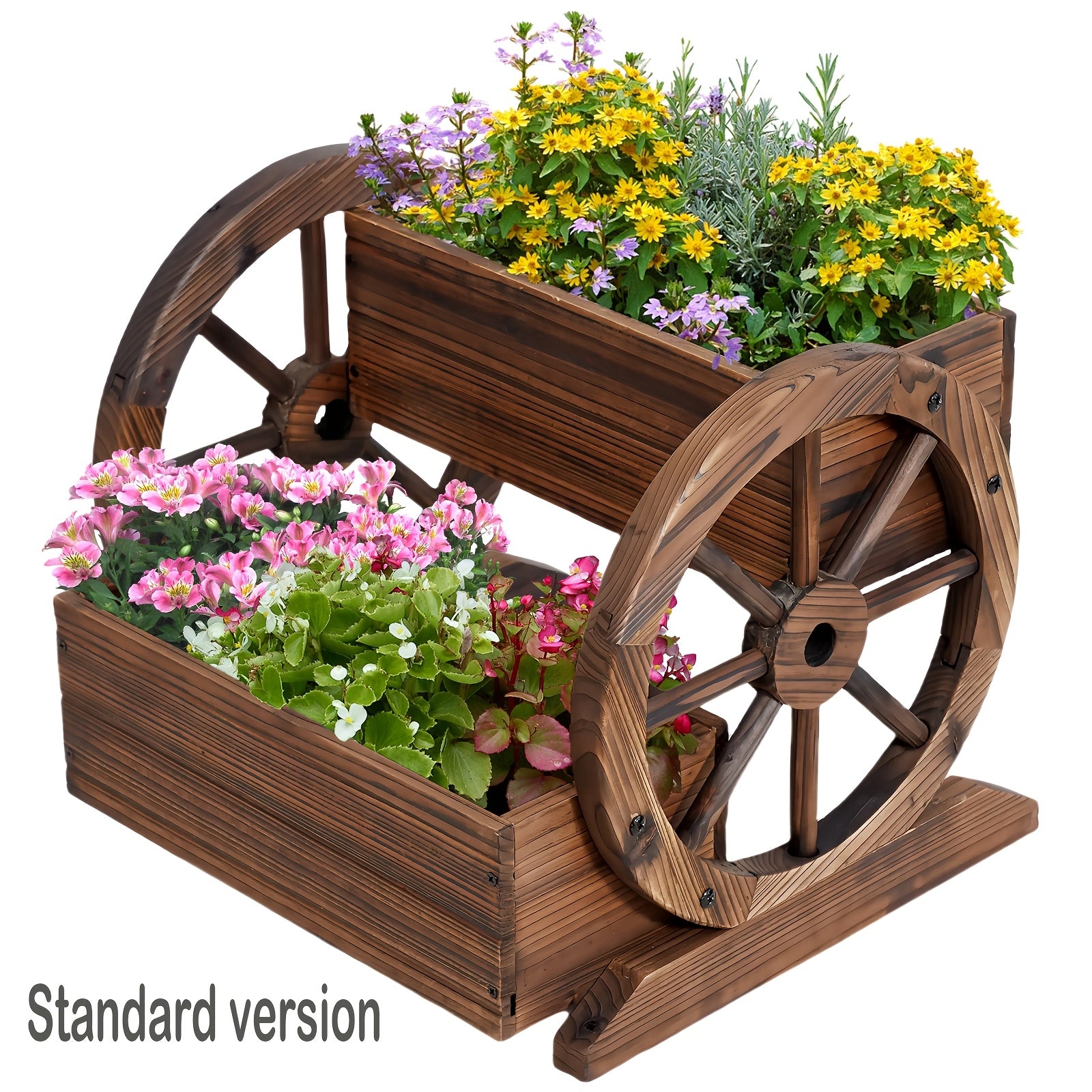 HARAISEDK Wooden Wagon Planter Box, Garden Planter With Wheels, Decorative Planter For Flowers Herbs Vegetables For Indoor & Outdoor Decor, Wooden Flower Cart For Patio Garden Balcony