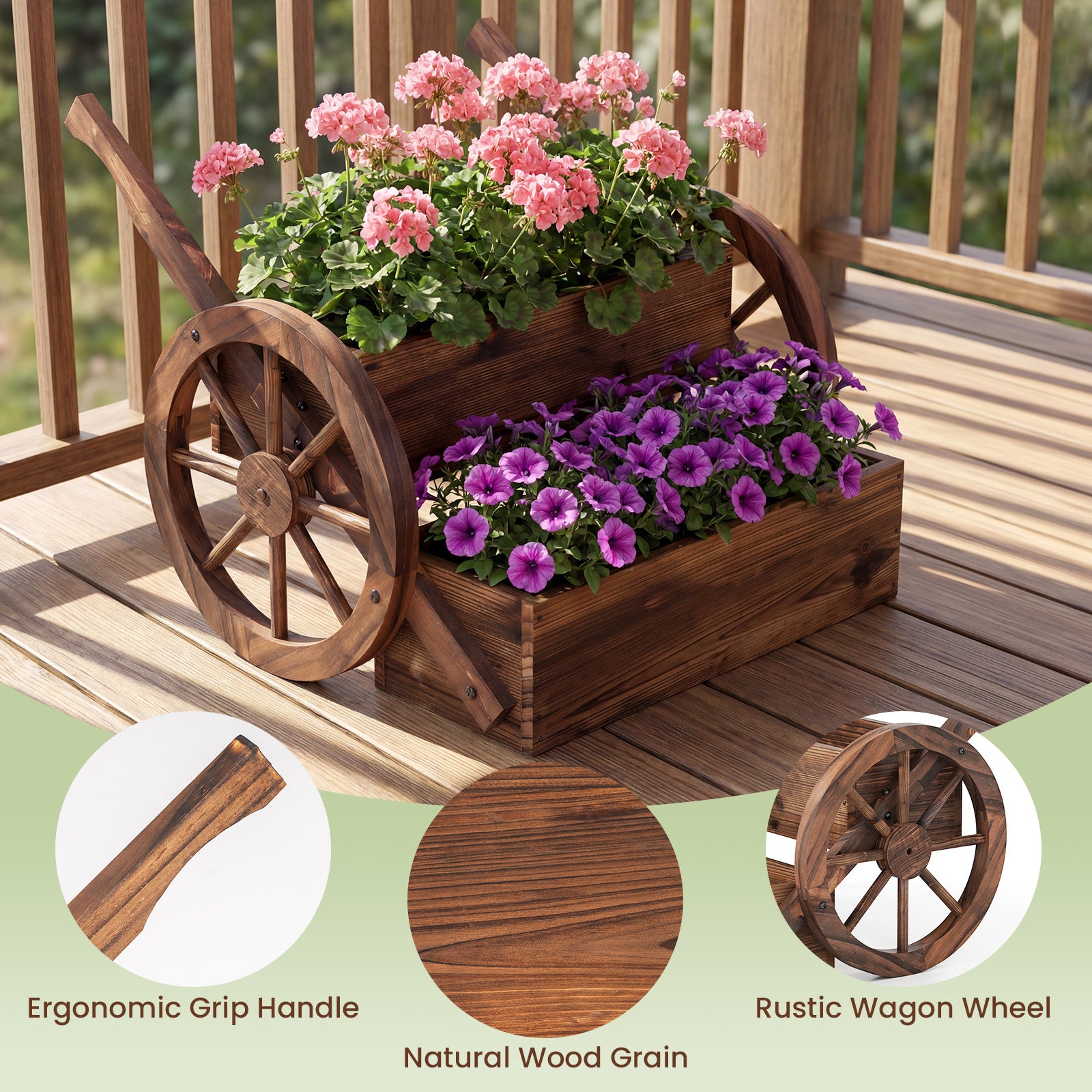 COSTWAY Wooden Wagon Planter Box, 2-Tier Raised Garden Bed with Wheels & Drainage Hole, Decorative Garden Planter for Flowers Herbs Vegetables, Indoor & Outdoor Flower Cart for Patio, Garden, Balcony
