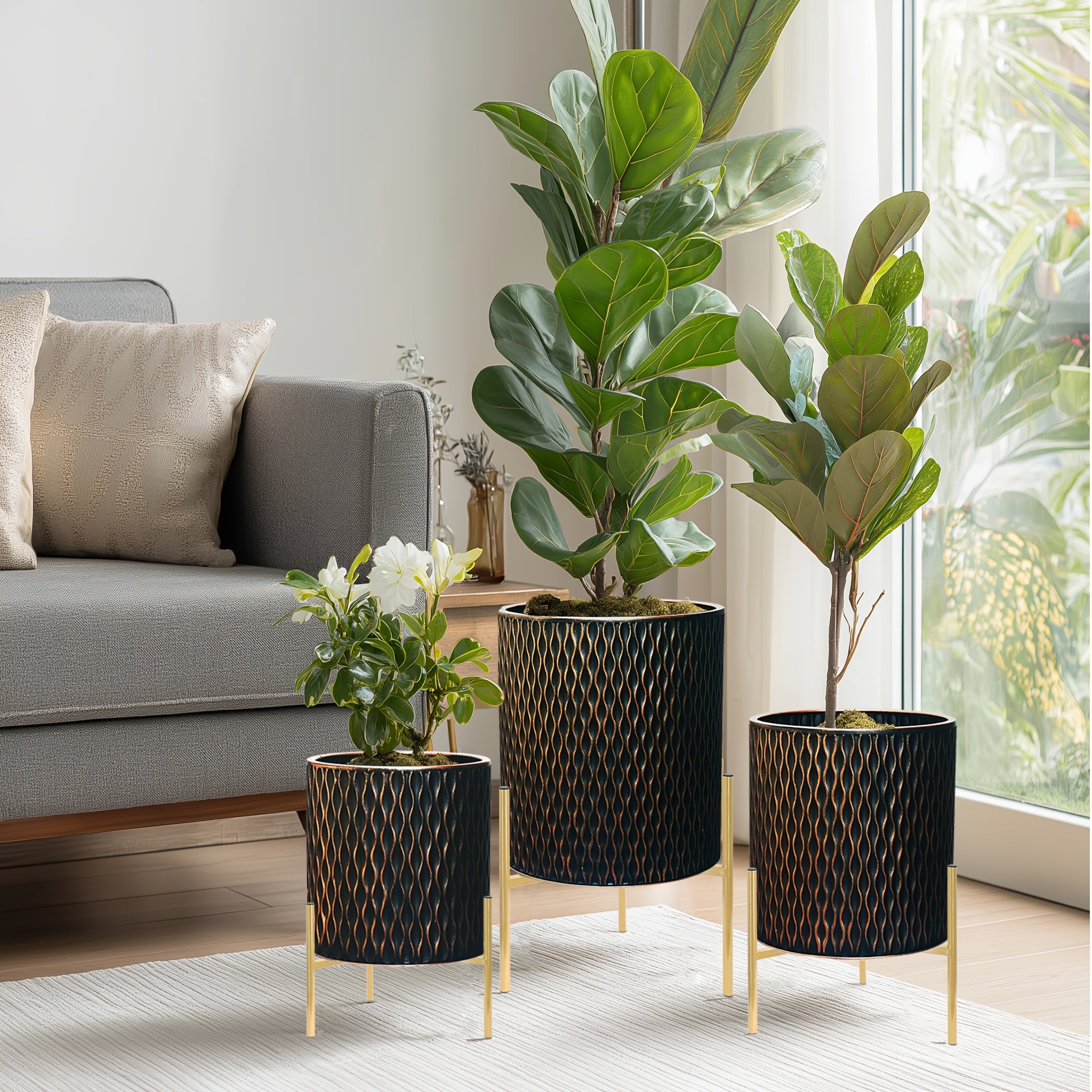 Metal Planter Stand Set Of 3, Indoor Outdoor Plant Stand with Flower Pots, Rust-Resistant Elevated Plant Display for Balcony Patio & Living Room