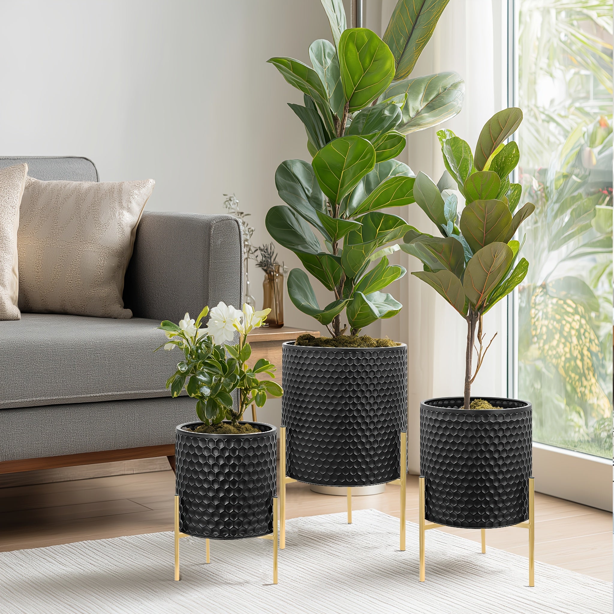 Metal Planter Stand Set Of 3, Indoor Outdoor Plant Stand with Flower Pots, Rust-Resistant Elevated Plant Display for Balcony Patio & Living Room