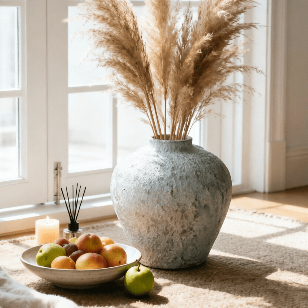 Large White Ceramic Vase Suitable for Home Decor - 6.3 Inch Rustic Farmhouse Tall Round Pottery Vase with Sandstone Texture, Vintage Indoor Table Centerpiece for Living Room, Wedding, Decorations, Ceramic Flower Pot