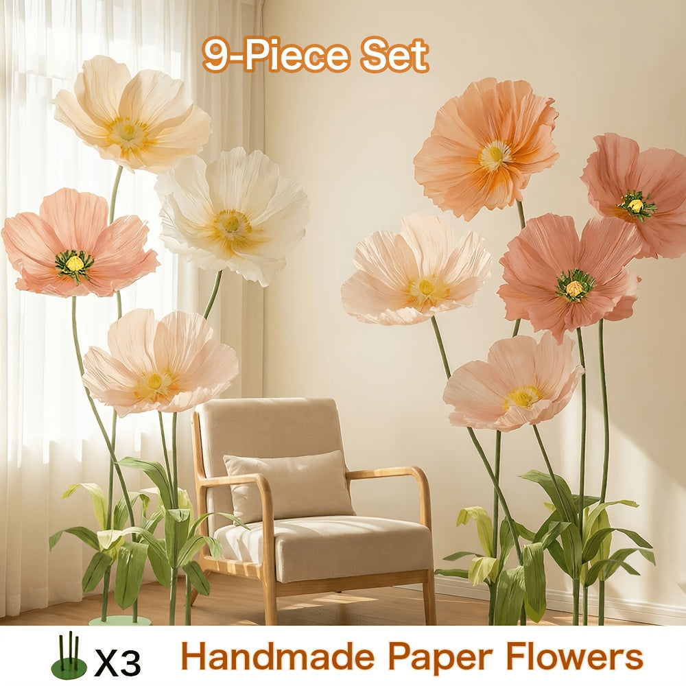 9pcs Set\u002F11pcs Set Colorful Giant Papaver Rhoeas Artificial Flowers for Store Window Displays, Wedding and Holiday Decorations, Influencer Photo Booth Decor Flowers