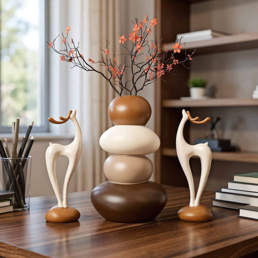 Stone Fortune Vase with Deer Figurine- Desktop Decorative Ornament Living Room, Dining Room, TV Cabinet- Housewarming Friends
