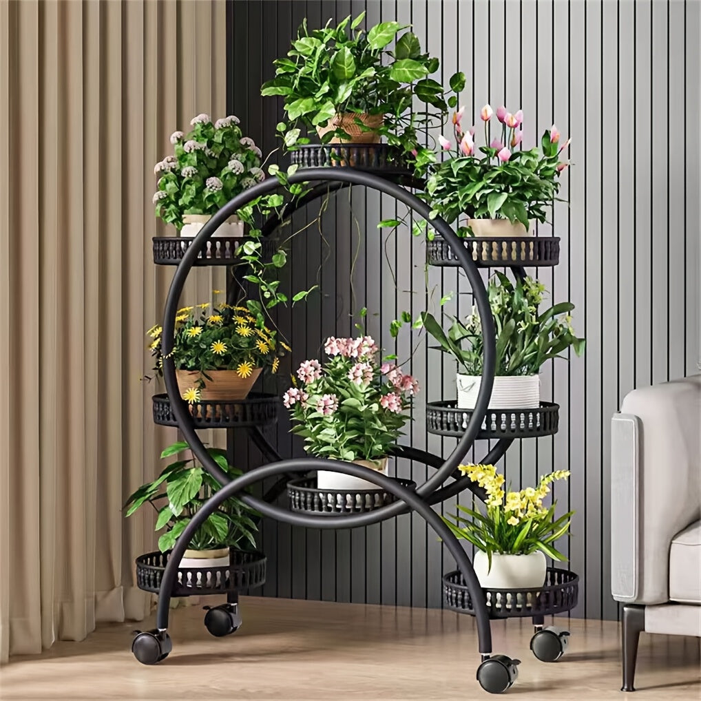 Six-Tiered Black Metal Plant Stand Garden Cart with Wheels for Displaying Flower Pots, Ideal for Home, Patio, Porch, And Balcony Decoration