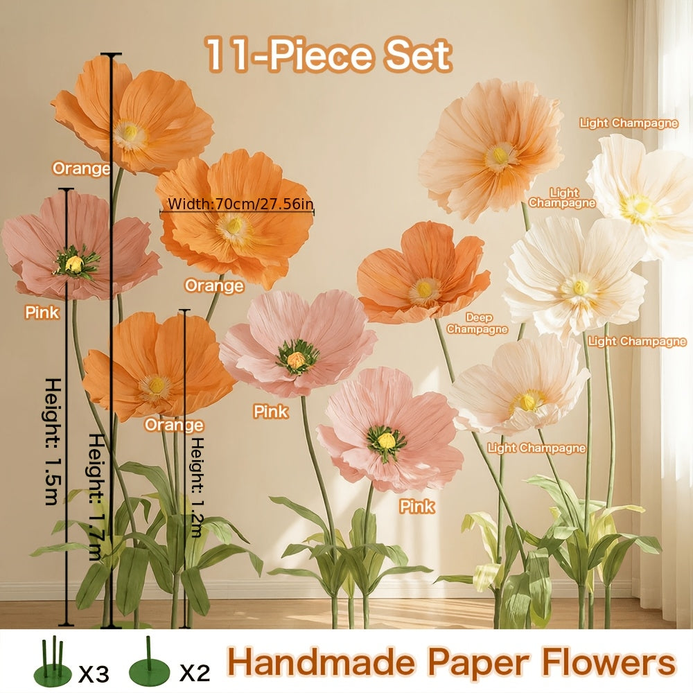 9pcs Set\u002F11pcs Set Colorful Giant Papaver Rhoeas Artificial Flowers for Store Window Displays, Wedding and Holiday Decorations, Influencer Photo Booth Decor Flowers