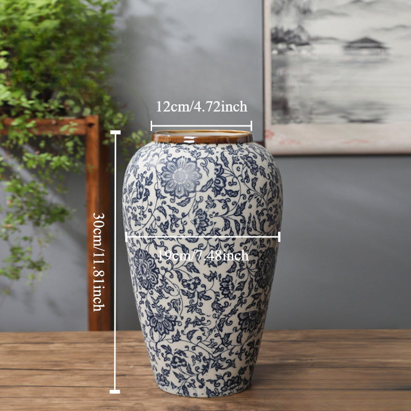 Home decoration vase, Jingdezhen ceramic flower container, modern Chinese-style ceramic vase, retro blue and white entwined lotus vase
