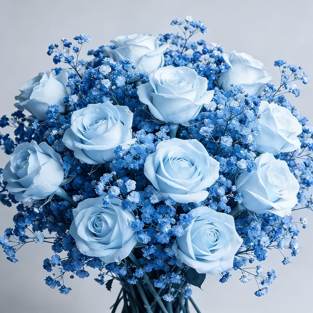 26 Realistic Blue Roses And Blue Gypsy Combination Simulation Bouquet - Durable Plastic Flowers, Suitable for Weddings, Valentine'S Day, Graduation Ceremonies, As Centerpieces, Table Decorations And Arrangements, Suitable for All Seasons
